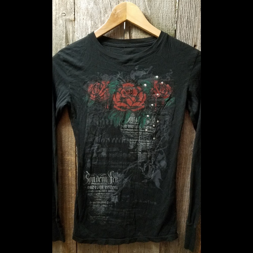 XS Black Rose Print Long Sleeve Top